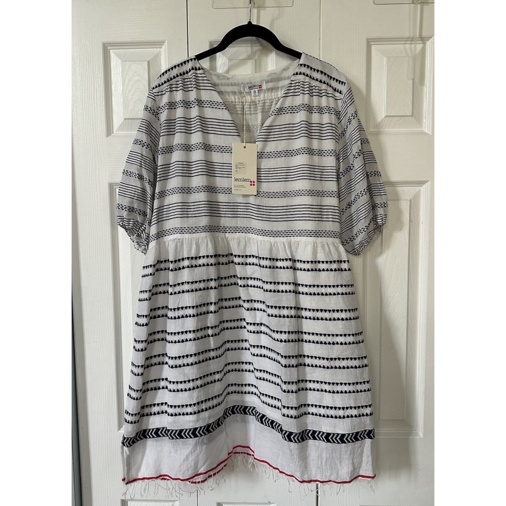 NWT Lemlem Women's Size L Deep V A Line Mini Dress Blue White Half Sleeve